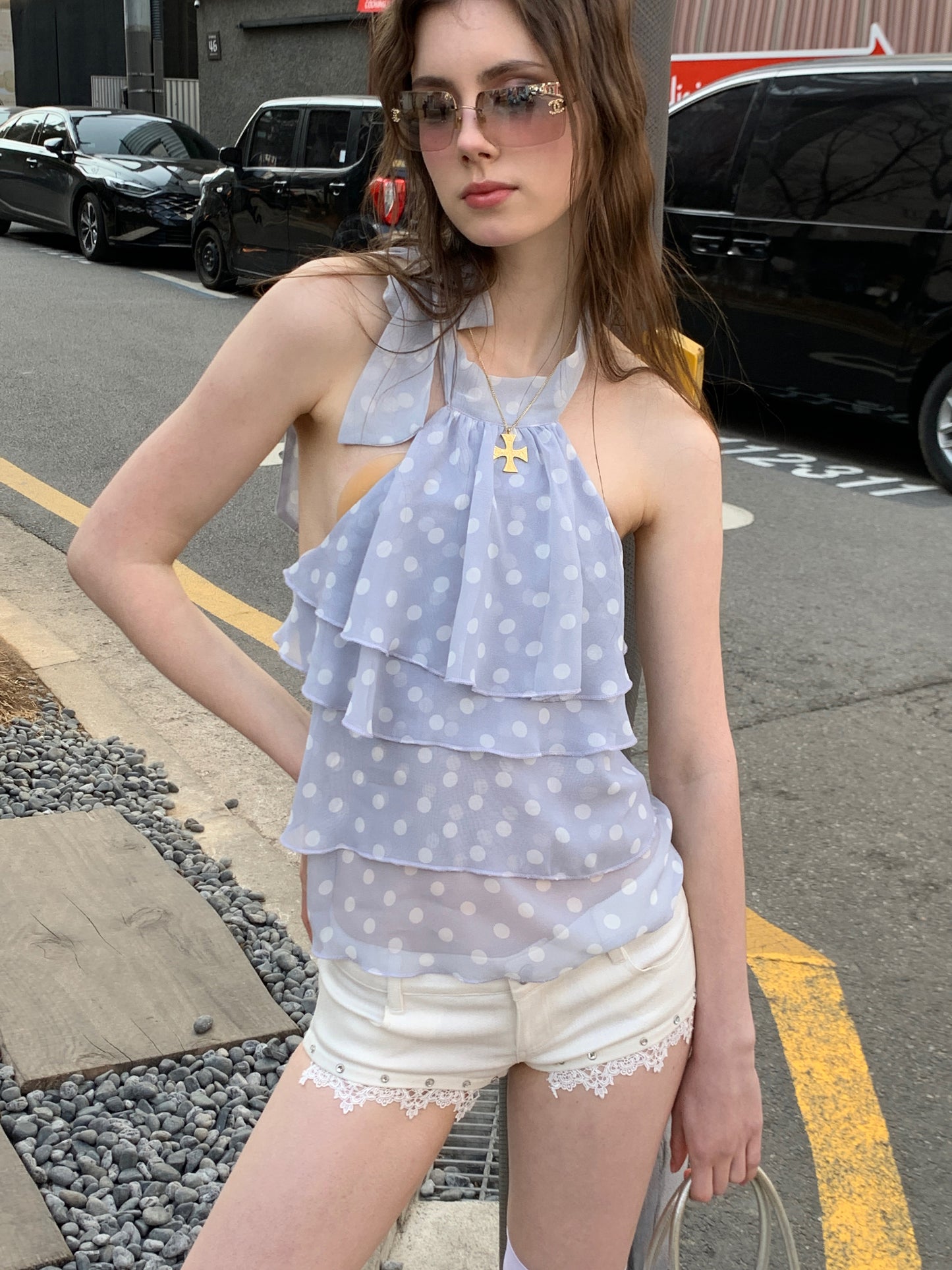 [A00815]Romantic Polka Dot Smoke Purple Camisole