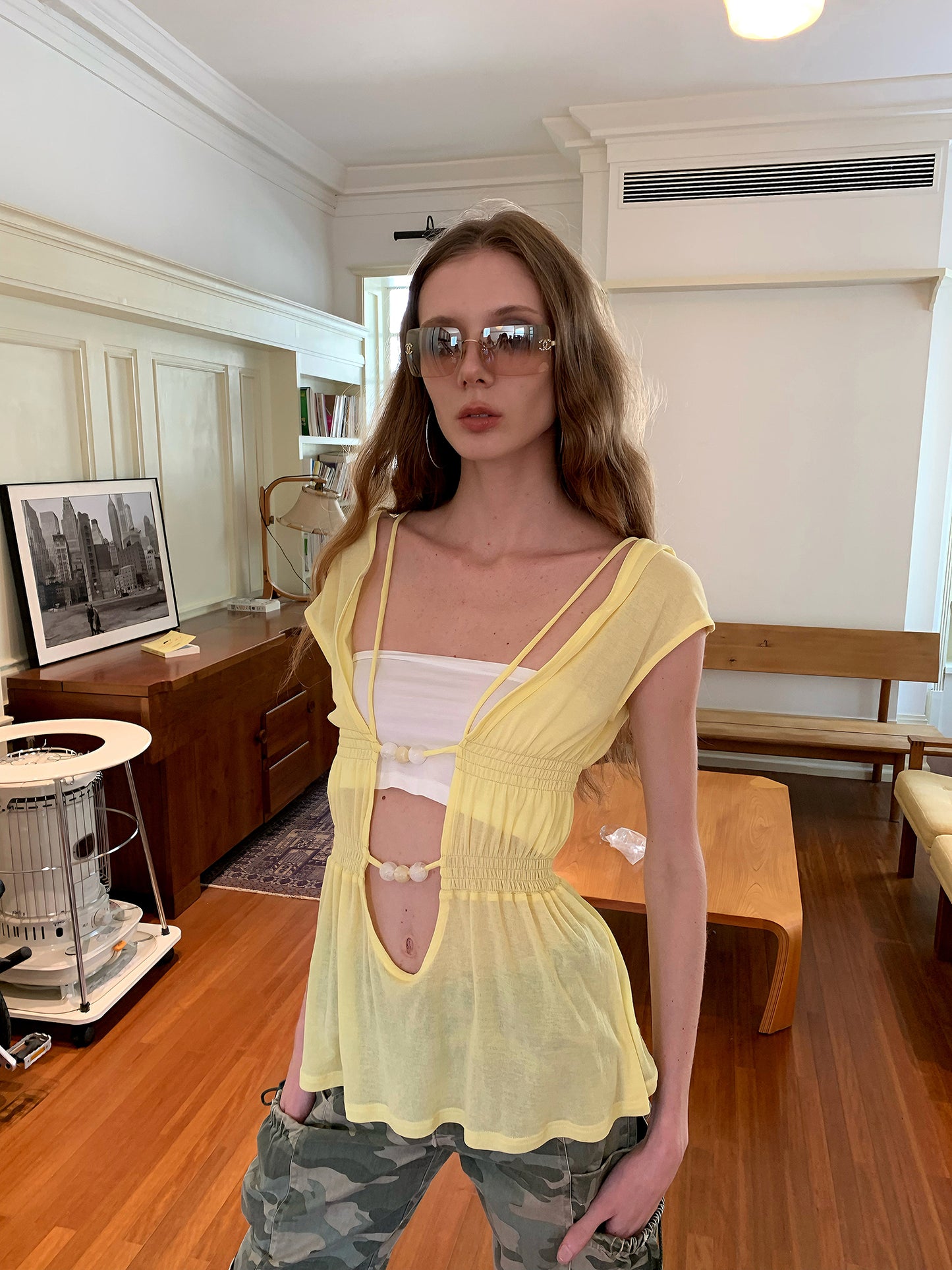[A00860]Soft Mist Yellow Beaded Short Sleeve Top Twin set