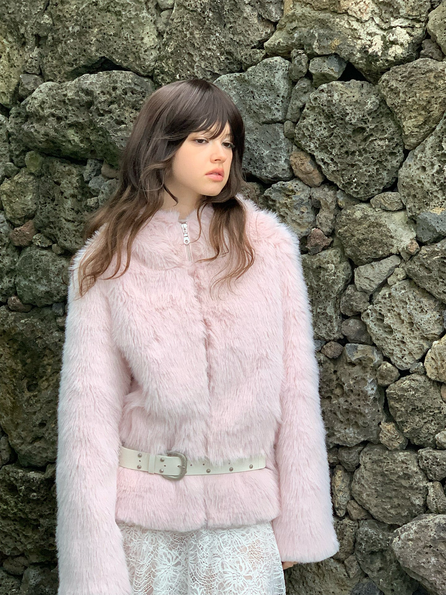 Sale[S0010]Winter Cherry Blossom, Pink Furry Hooded Coat