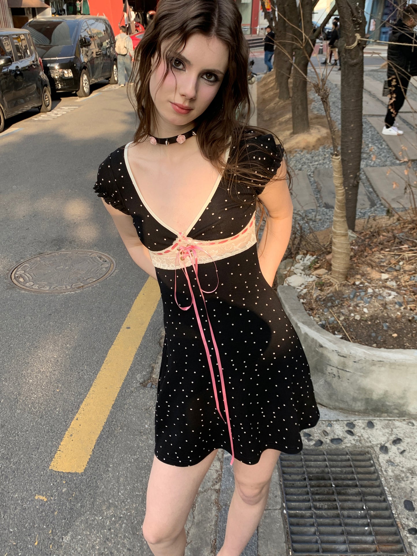 [A00824]Black Polka Dot Bow Dress