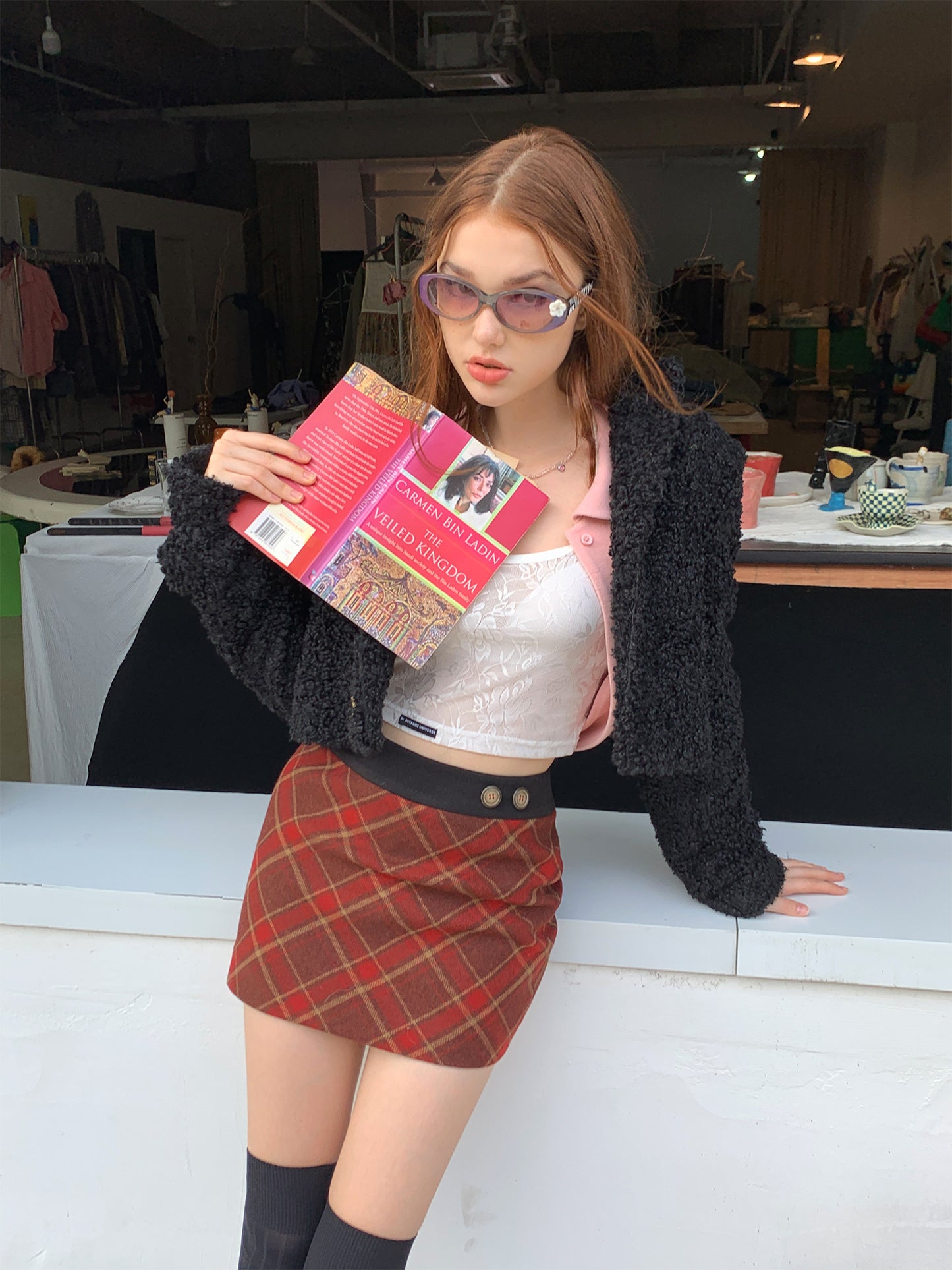 [C0042]Vintage red checked wool skirt