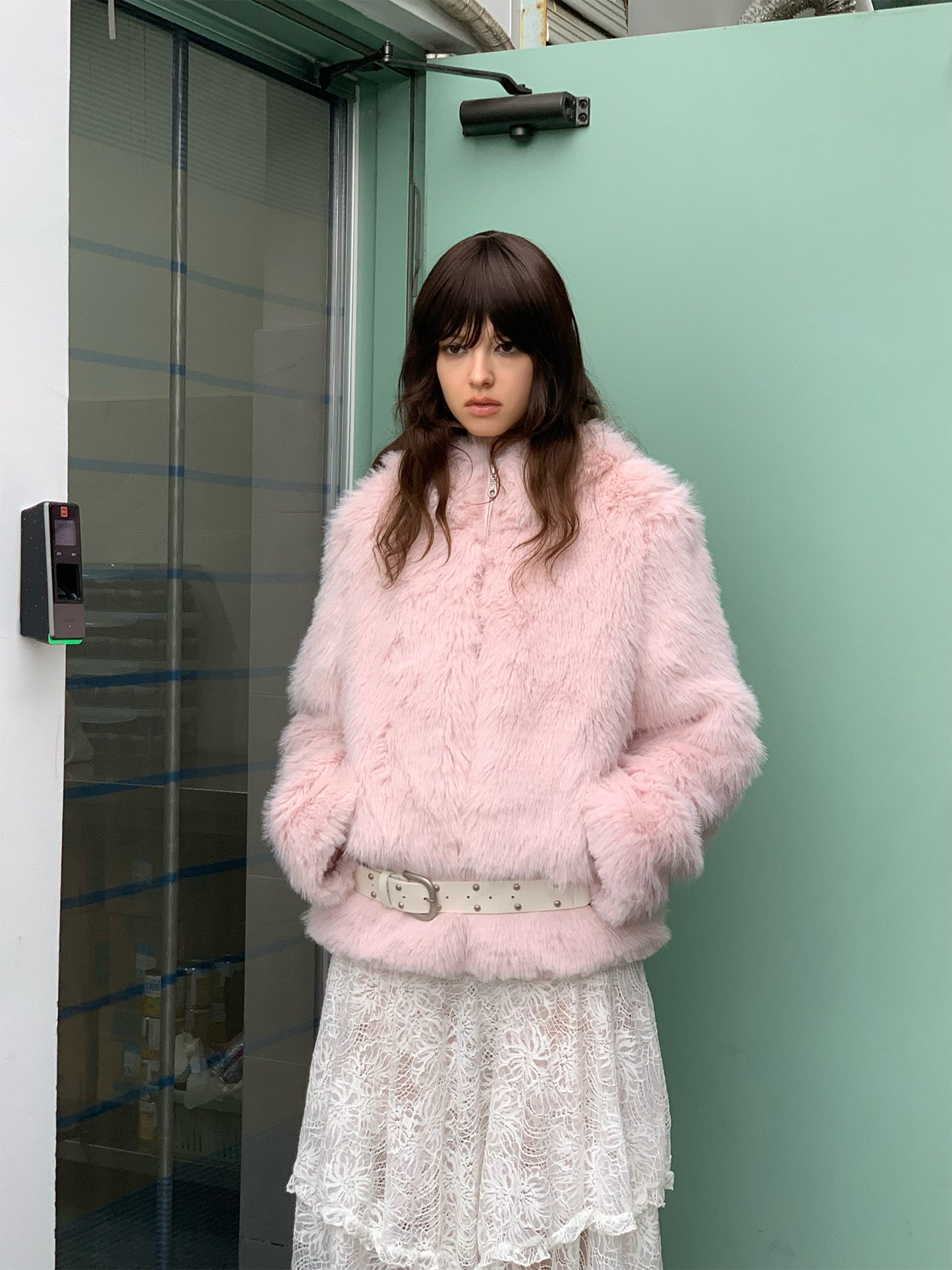 Sale[S0010]Winter Cherry Blossom, Pink Furry Hooded Coat