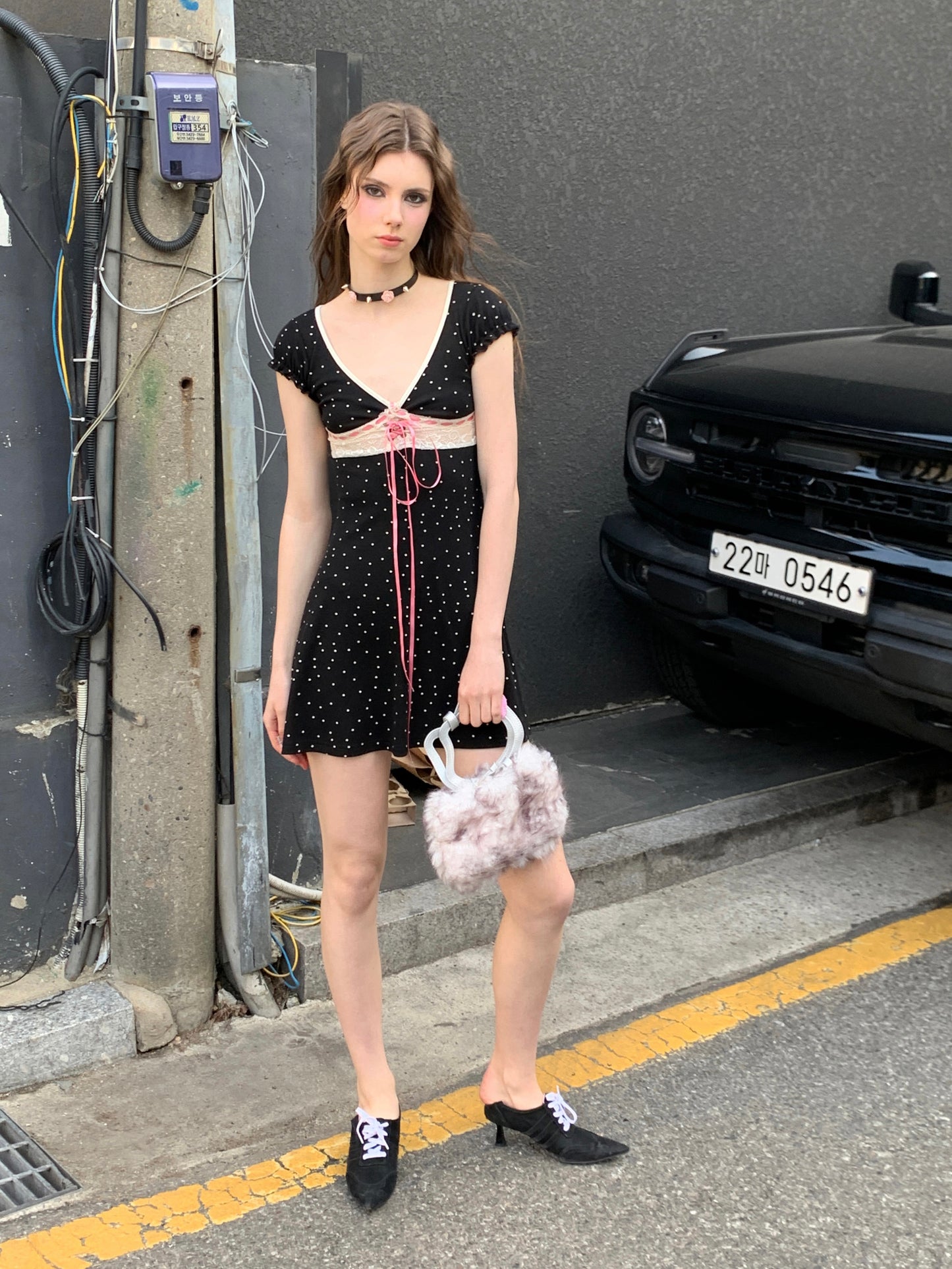 [A00824]Black Polka Dot Bow Dress