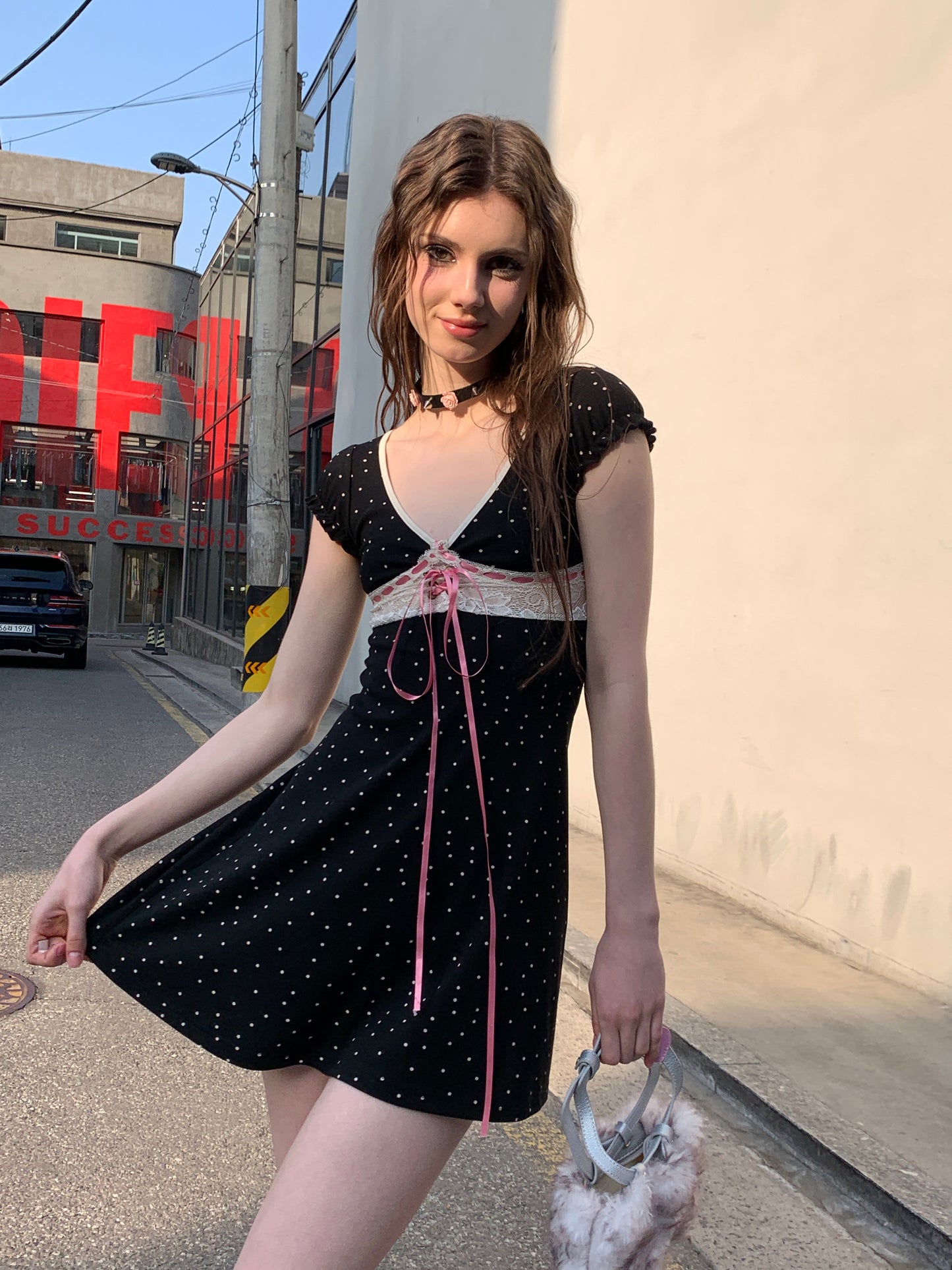 [A00824]Black Polka Dot Bow Dress