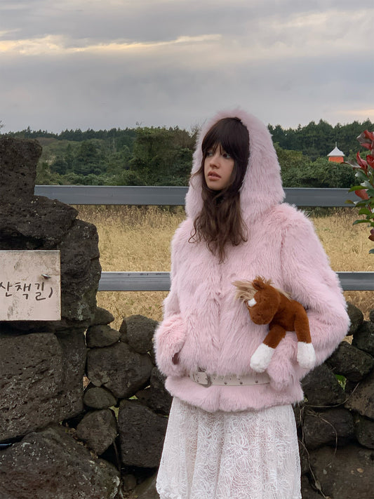 Sale[S0010]Winter Cherry Blossom, Pink Furry Hooded Coat