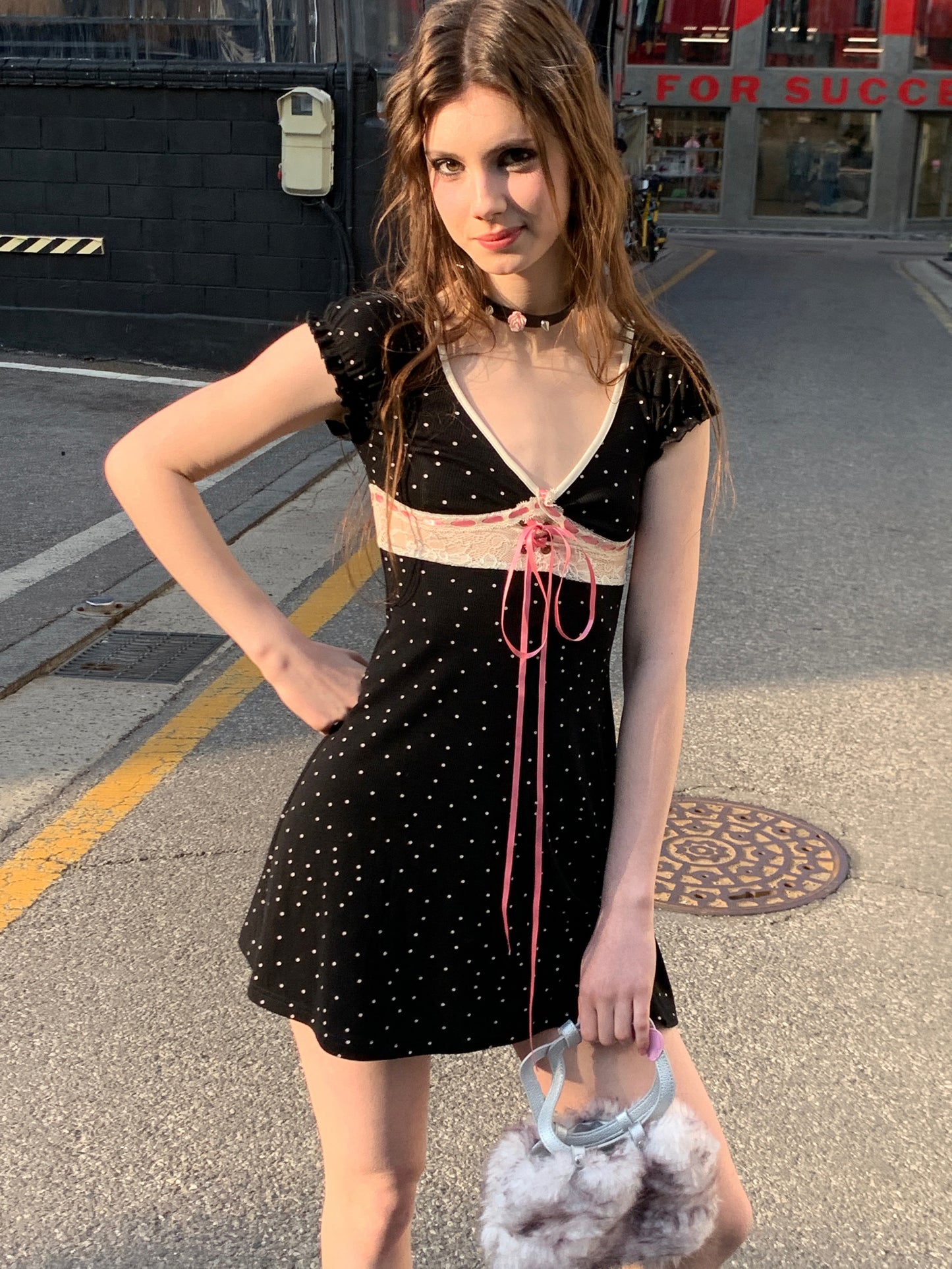 [A00824]Black Polka Dot Bow Dress
