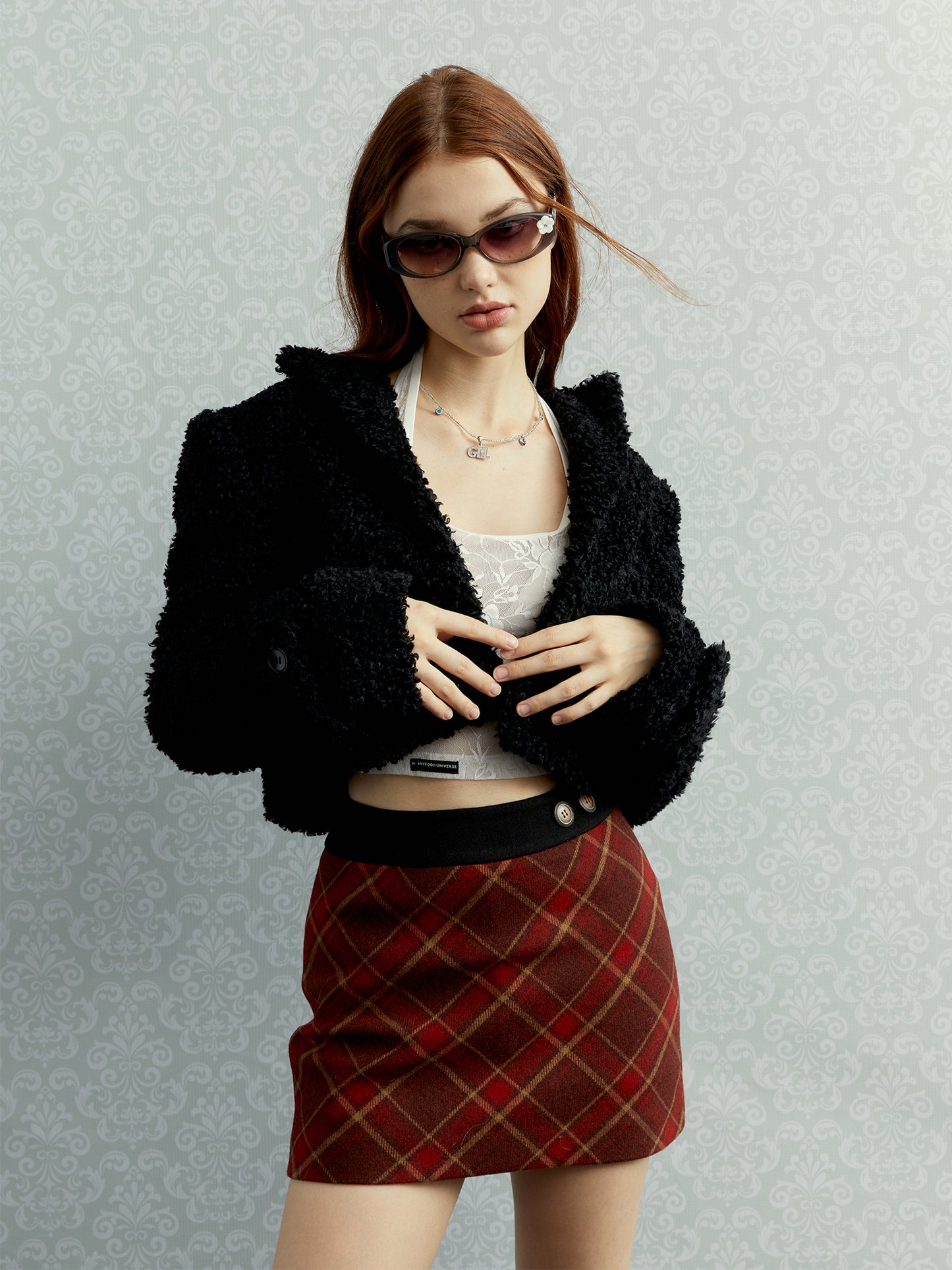 [C0042]Vintage red checked wool skirt