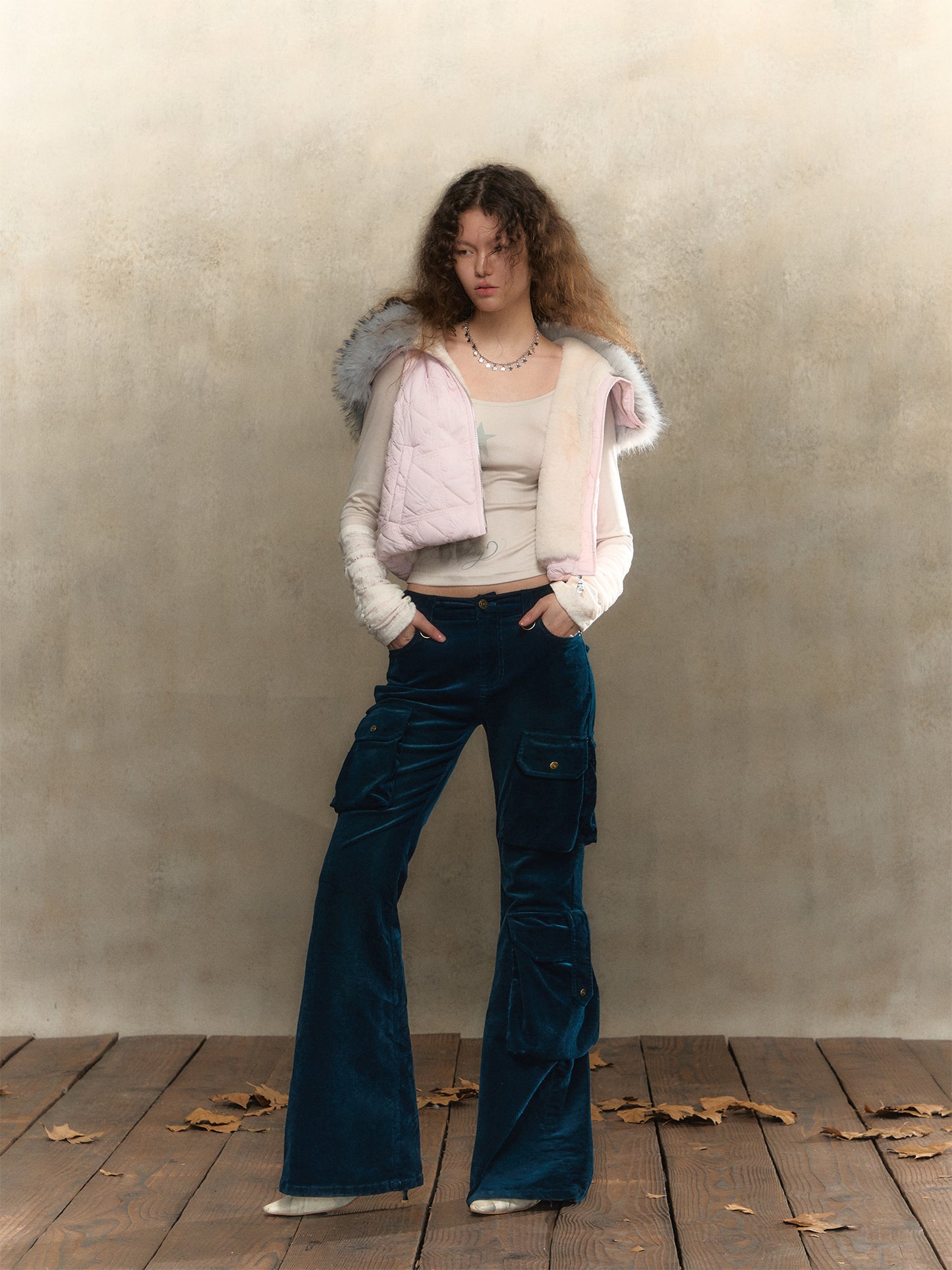 [S0056]Retro tipsy dark blue pocketed slim-fit flared pants